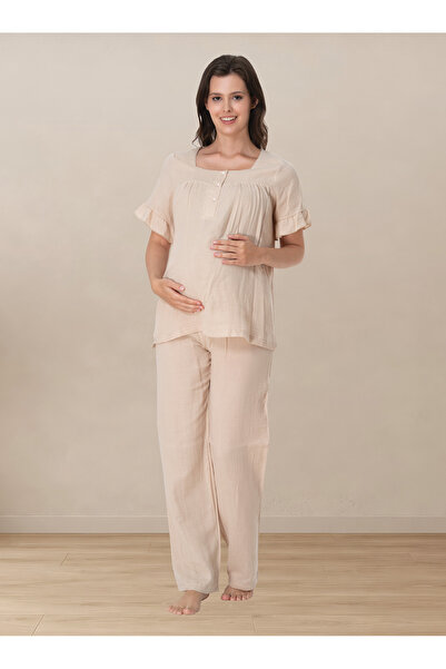 ByLohusa Soft Textured Muslin Fabric Maternity Set Effortt - Beige