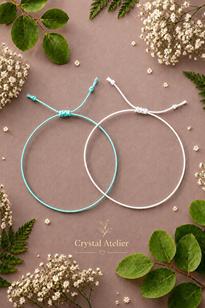Crystal Atelier Turkuaz Beyaz 2’li Makrome İp Bileklik Ayarlanabilir Unisex A...