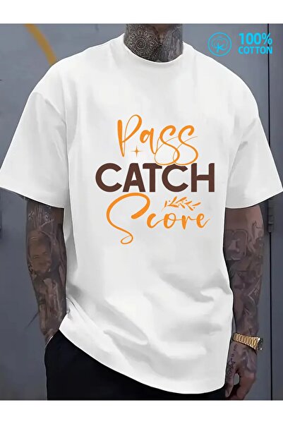 NOURAM تي شيرت 180G Pass Catch Score |   تي شيرت رجالي أبيض أنيق برسومات مضحك...