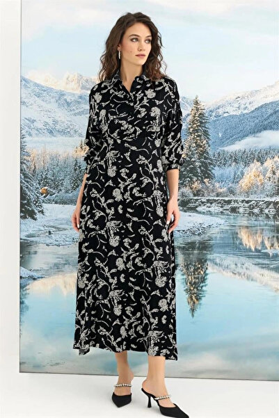 kapsulavm 100% Viscose Patterned Three-Quarter Sleeve Satin Dress