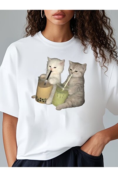 1001 Line New Fun T-Shirt with Kitten Drinking Bubble Tea Print, Solid Black ...