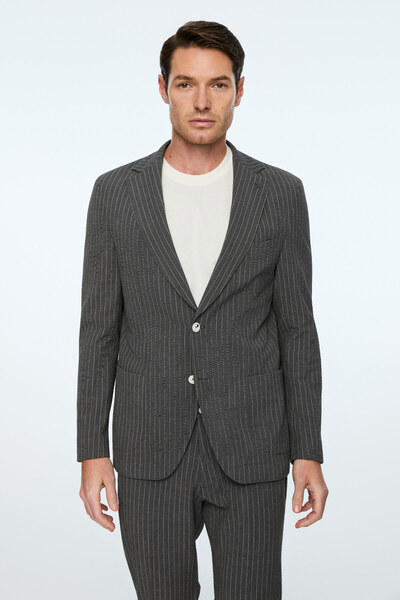 Morven Men's Smoked Polyviscon Trendy Striped Slim Fit Mono Collar Suit