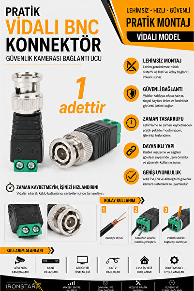 IRONSTAR 1 ADET Vidalı BNC konnektör / Lehimsiz BNC / BNC klemensli / BNC kam...
