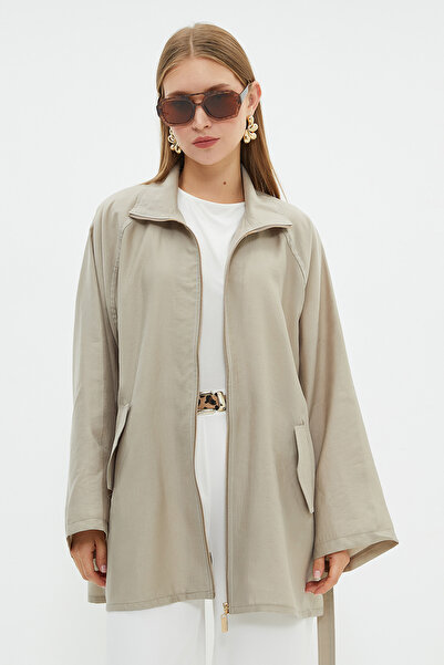 Fulla Moda Zippered Belted High Collar Trench Coat