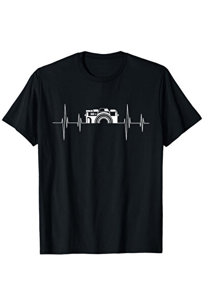 2mcup Men's Black TShirt Photographer Heartbeat Pattern Design, Loose Round N...