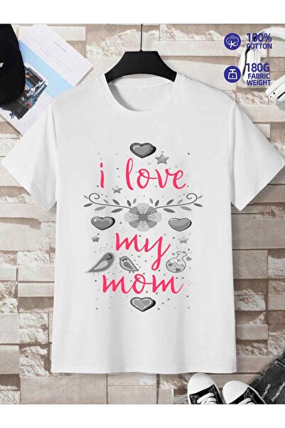 BASEPULSE تي شيرت رجالي بطباعة "I Love My Mom" - أبيض مع طباعة قلب باللون الأ...