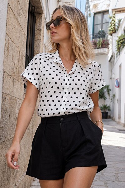 armonika Women's White Polka Dot Short Sleeve Shirt Arm-26Y001137