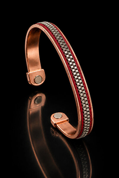OSMANLI GÜMÜŞ Men's and Women's Copper Bracelet with Red Leather Strip on Top...
