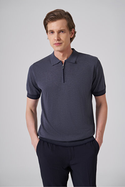 Morven Men's Indigo Trend Zippered Polo Collar Knitwear T-Shirt