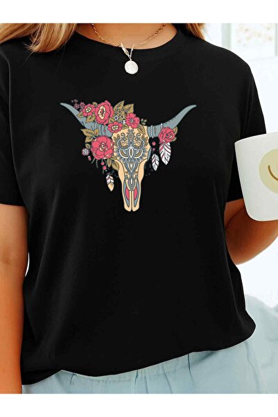 212Wear Women's 100% Cotton Bull Skull Cowbone Floral Graphic T-Shirt Short S...