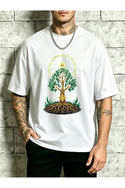 BASEPULSE Mystical Tree Of Life Design Men'S Crewneck T-Shirt Loose Fit 100 P...