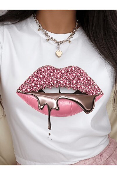 212Wear WoWomen' S Short Sleeve T White Shirt with Lip And Chocolate Print Ca...