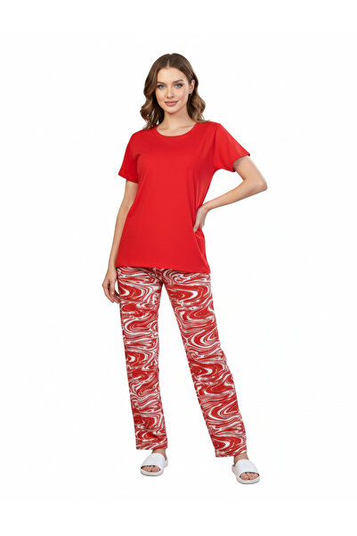 RIZQE Red T-Shirt & Swirl Print Pajamas Set | Rayon Loungewear & Comfort Nigh...