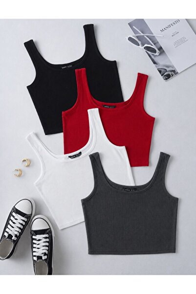 MİLYA&GYM Women's 4-Pack Cotton Camisole Ribbed Body-Fitting Square Neck Thic...
