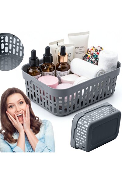 EDANTI Coș de plastic gri perforat pentru cosmetice de baie, organizator de s...
