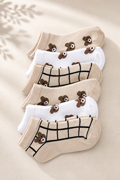 GİYSA Children's Unisex Set of 6 Cotton Teddy Bear Patterned Booties Socks - 310