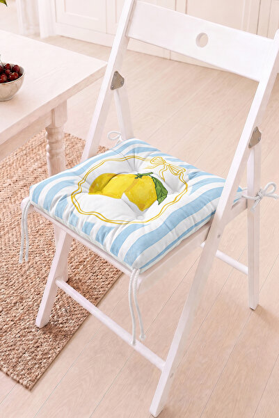 Home Mavi Beyaz Çizgili Limon Desenli Pofidik Sandalye Minderi - Dekoratif Mu...