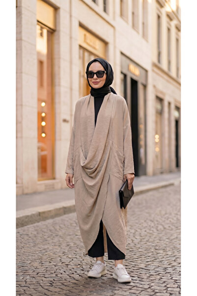 Mürdüm butik Asimetrik Tasarım Çapraz Tunik Keten Aerobin Kumaş-Vizon