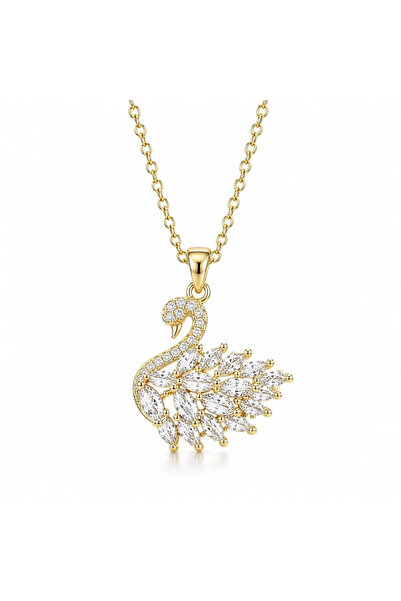Çelik Kuğu Kolye - Gold Beyaz Zirkon Kristal Taşlı
