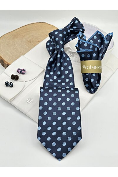 Gutiero Navy Blue Polka Dot Classic Tie with Handkerchief