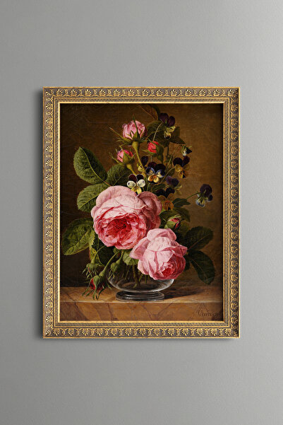 epiqart Roses in Glass Vase - Vintage Patterned Painting - Fine Model