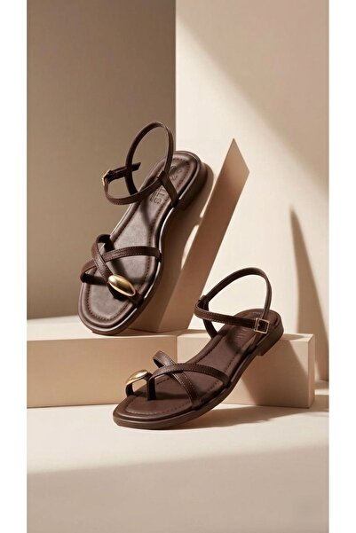 M&B COLLECT Women's Brown Flip-Flop Sandals with Gold Buckle, Casual Summer S...