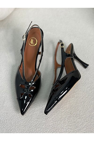 LL Kadın Siyah Rugan Sivri Burun İnce Topuk Slingback Ayakkabı