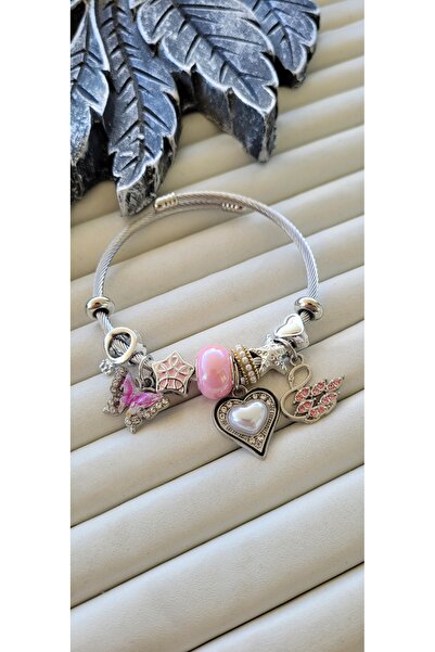 YİĞİTKARANAKSESUAR Steel Pink Charm Bracelet – with Heart, Butterfly and Swan...