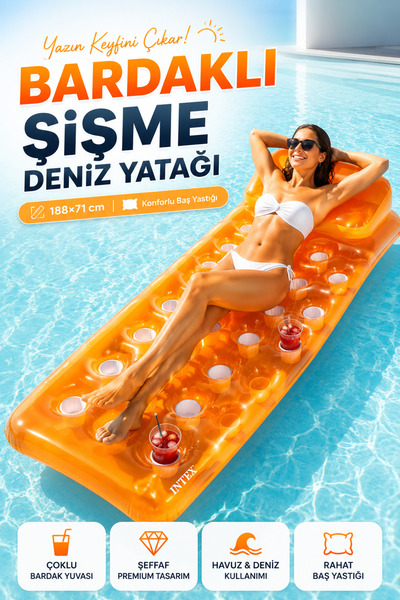 YILDIRIM OYUNCAK Bardaklıklı Şişme Deniz Yatağı 188×71 cm – Baş Yastıklı Bard...