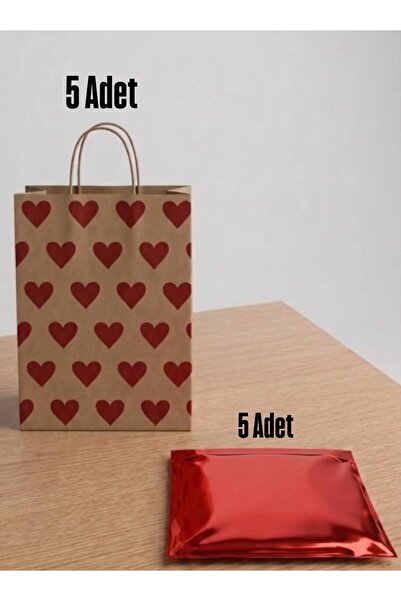 e Erta 25x31 Cm 5 Adet Kırmızı Kalp Desenli Kraft Renkli Çanta,25x35 Cm 5 Ade...