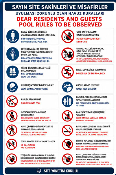 Tembel Baykuş Site Residents Pool Rules Turkish-English Warning Sign 20X30 cm...