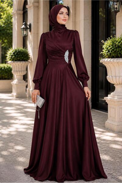 TRENDTESETTÜR KADIN BORDO (K.BORDO) TAŞ İŞLEMELİ SATEN ABİYE ELBİSE T 1626