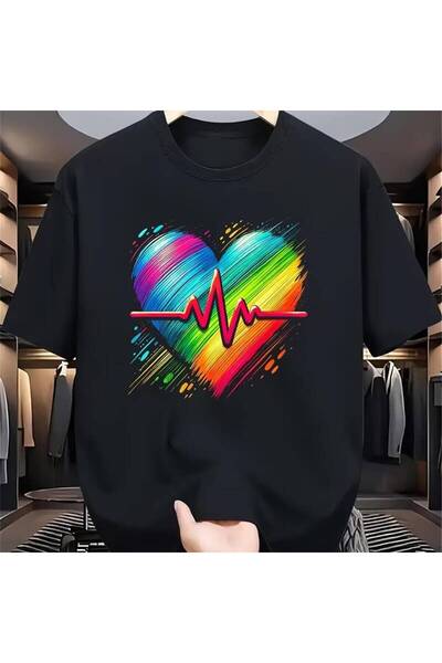 12 Teknoloji Men'S Patterned Short Sleeved T-Shirt with Bright Rainbow Heartb...