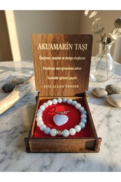 Meneva Aksesuar Aquamarine Stone Natural Gemstone Wooden Boxed Necklace and B...
