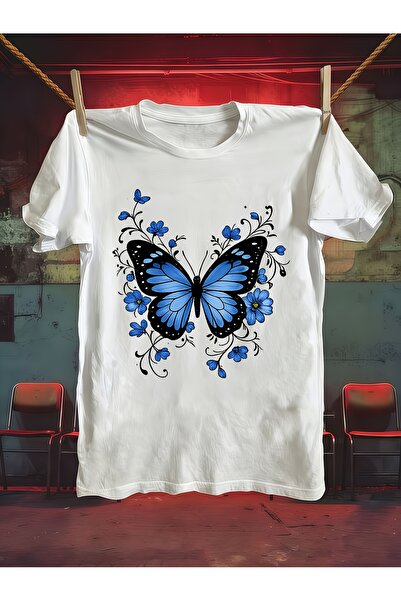 23 nisan Men'S Pure Short Sleeve T-Shirt, Blue Butterfly Floral Print, Suitab...