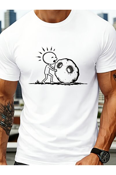 23 nisan Cartoon Character Pushing a Stone Fun Print Men's Short-sleeve T-shi...