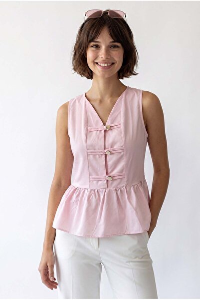 Mixray 4940 Kadın Poplin Volanlı Kolsuz Peplum Bluz Pembe