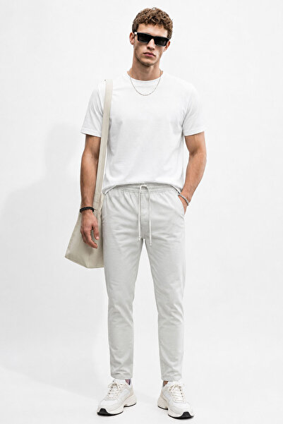 VENA Men's Alfred Elastic Waist Striped Summer Gabardine Trousers - Ice Gray