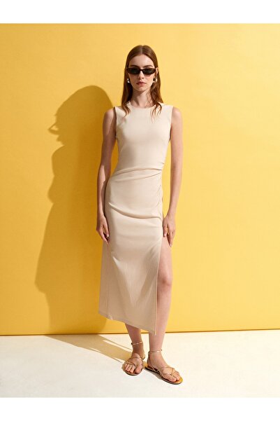 Dilvin 91704 Slit Detailed Midi Dress-Stone