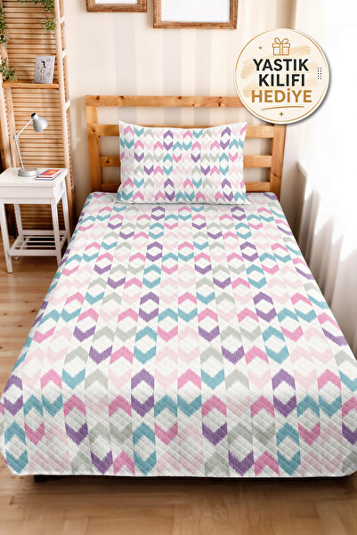 Evimde Bambaşka Pink Geometric Teen Room Single Pique Set - Pastel Lilac Turq...