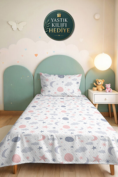 Evimde Bambaşka Pastel Moon Star Pink Children's Room Single Pique Set-Grey C...