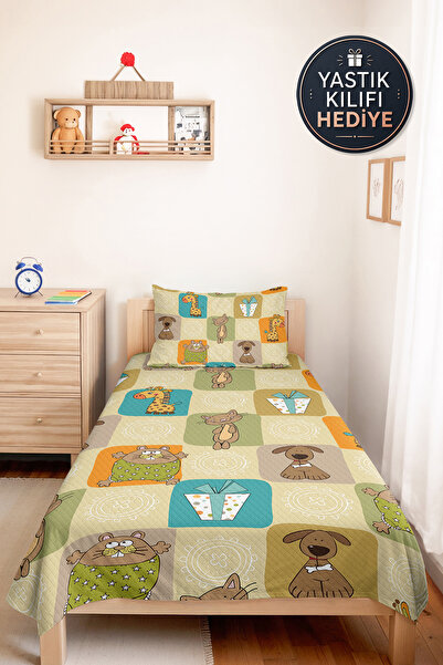 Evimde Bambaşka Pastel Children's Room Single Pique Set with Animal Figures -...