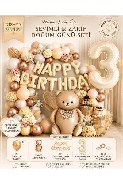 Dizayn Parti Evi Ayıcıklı Doğum Günü Süsleme Seti 1-9 Yaş Krem Happy Birthday...