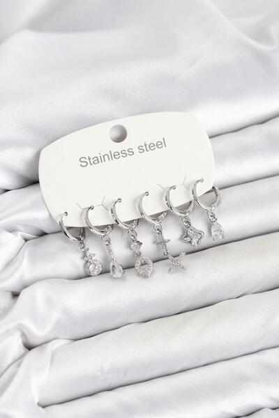 Clariss 316L Steel Silver Color Zircon Stone Clover Model Women's Earring Set