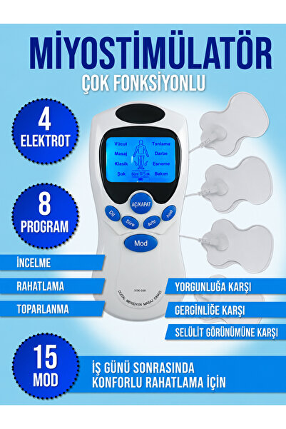 xolo Miyostimülatör Çok Fonksiyonlu TENS EMS Masaj Cihazı 4 Elektrotlu 8 Prog...