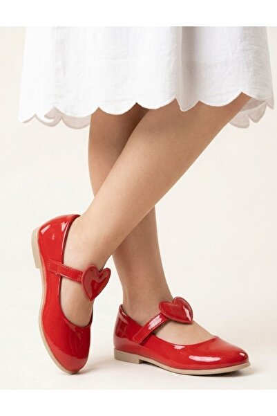 Gönbeler Girl's Red Patent Leather Ballerinas - Heart Detailed Velcro Fasteni...