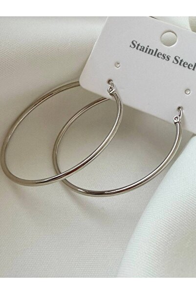 ZÜLİSCH Steel Hoop Earrings Flat Model Silver Color Stainless Steel 5 cm Length