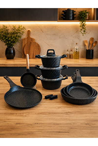 LAVONNI Obsidyen Supreme Set 12 Parça Döküm Granit Tencere, Tava, Krep Tava v...