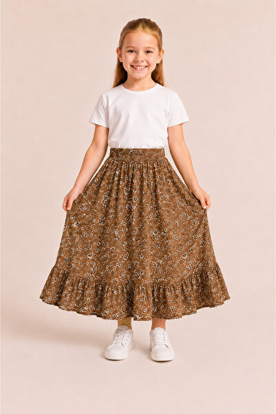 DUBAİ ÇOCUK Girl's Long Skirt Summer Patterned Elastic Waist Comfortable Loos...