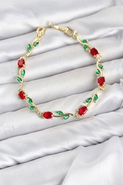 norsary Brass Gold Color Red Zircon Stone Flower Model Women's Bracelet